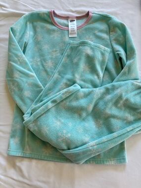 Lands' End Girls' Mint Green Fleece Pajama Set with Pink Trim